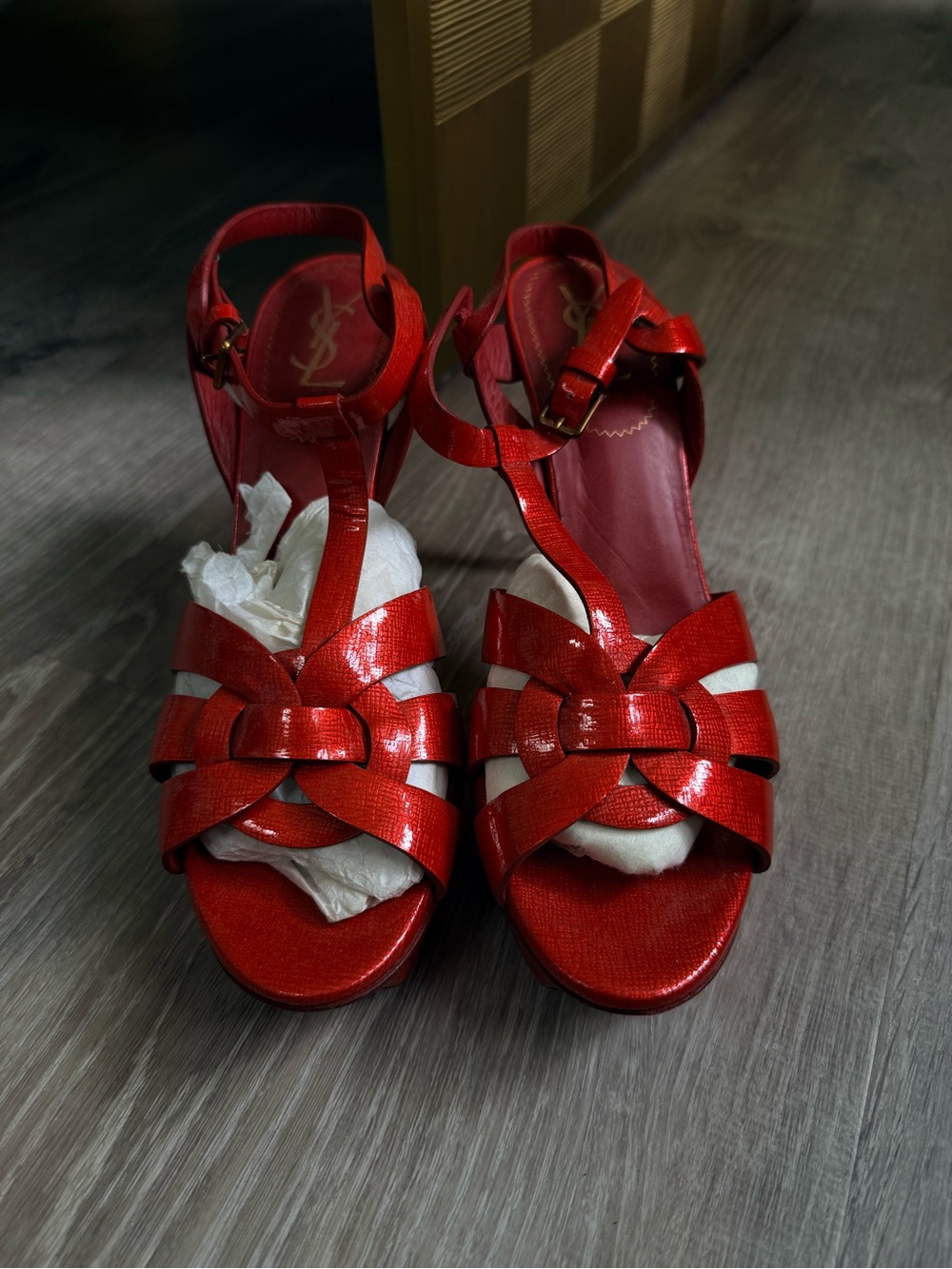 Yves Saint Laurent YSL Red Leather Tribute Heeled Sandals